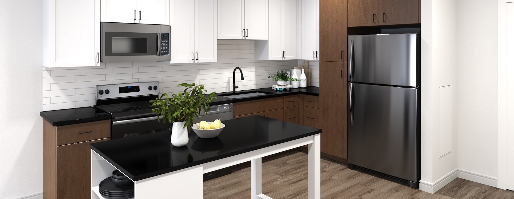 a kitchen with white and wood cabinets
