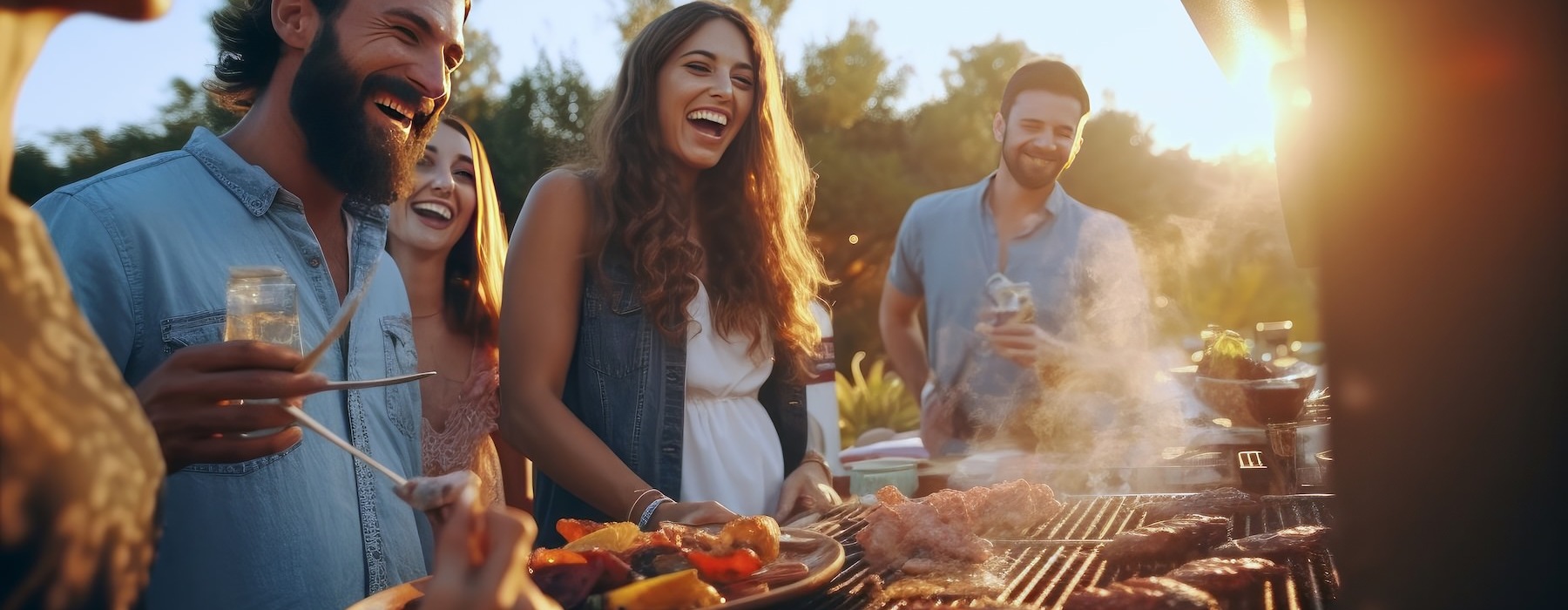 a group of people laughing and grilling food